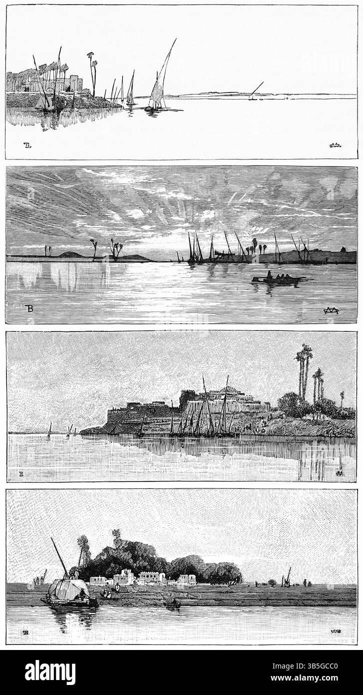 8. Januar 2019, London, England, Vereinigtes Königreich: Nile River Views 4 zwischen Kairo und Assuan, Illustration aus dem Buch, ''vom Pharao bis zur Fellah'' von C.F. Moberly Bell mit Illustrationen von Georges Montbard, graviert von Charles Barbant, Wells Gardner, Darton & Co., London, 1888 (Bild: © JT Vintage/Glasshouse Via ZUMA Press Wire) Stockfoto