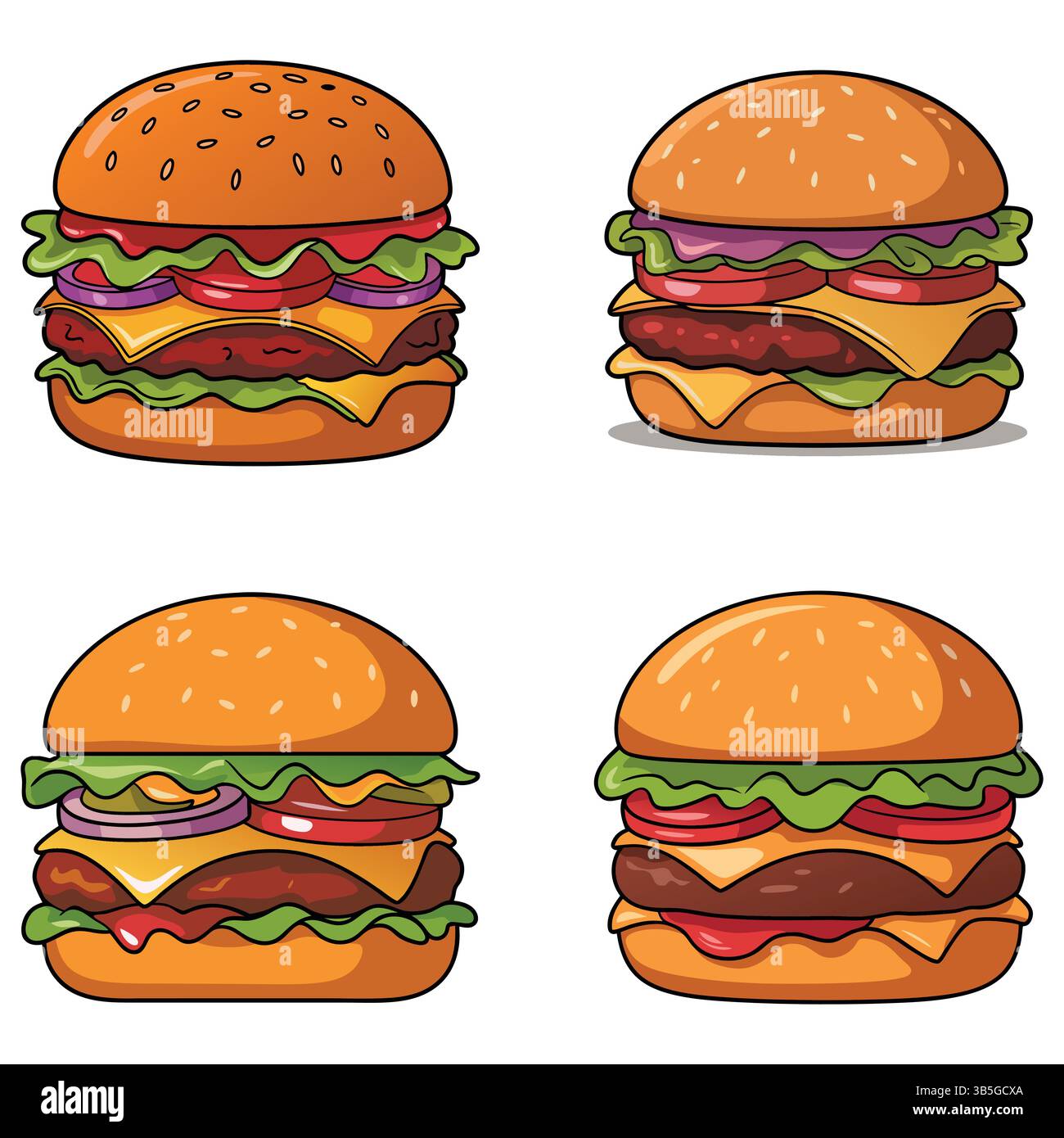 Vier Cheeseburger im Cartoon-Stil für Food-Design Stock Vektor