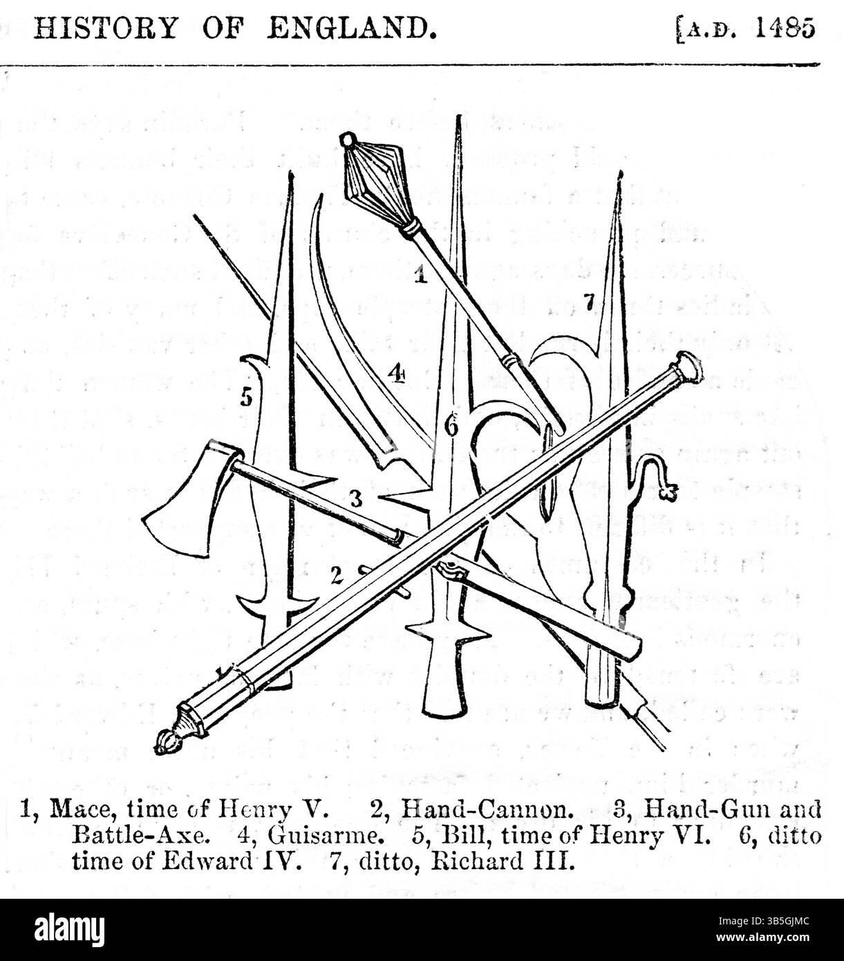 März 2022, London, England, UK: MACE and Arms, Time of Henry V., Illustration from the Book, John Casselâ€™s Illustrated History of England, Volume II, Text von William Howitt, Cassell, Petter und Galpin, London, 1858 (Bild: © JT Vintage/Glasshouse Via ZUMA Press Wire) Stockfoto