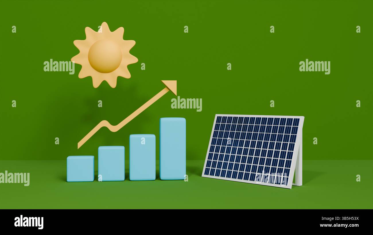 3D-Szene mit Sonnenkollektor und steigendem Diagramm auf grünem Hintergrund, das Wachstum hin zu alternativer Energie symbolisiert Stockfoto