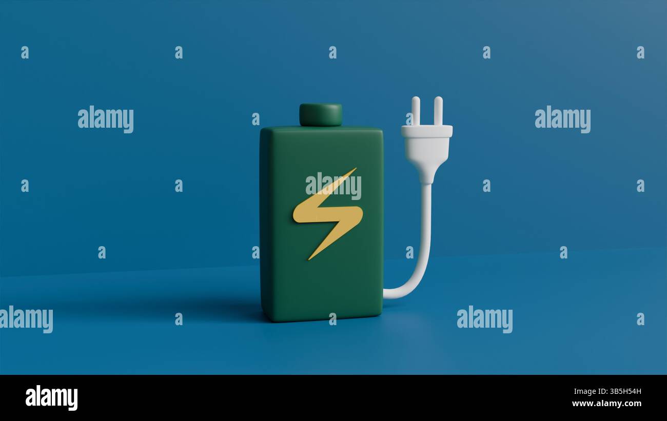 3D-Modell einer grünen Powerbank mit gelbem Blitz und weißem Stecker auf blauem Hintergrund, moderner Energie und mobilem Laden Stockfoto