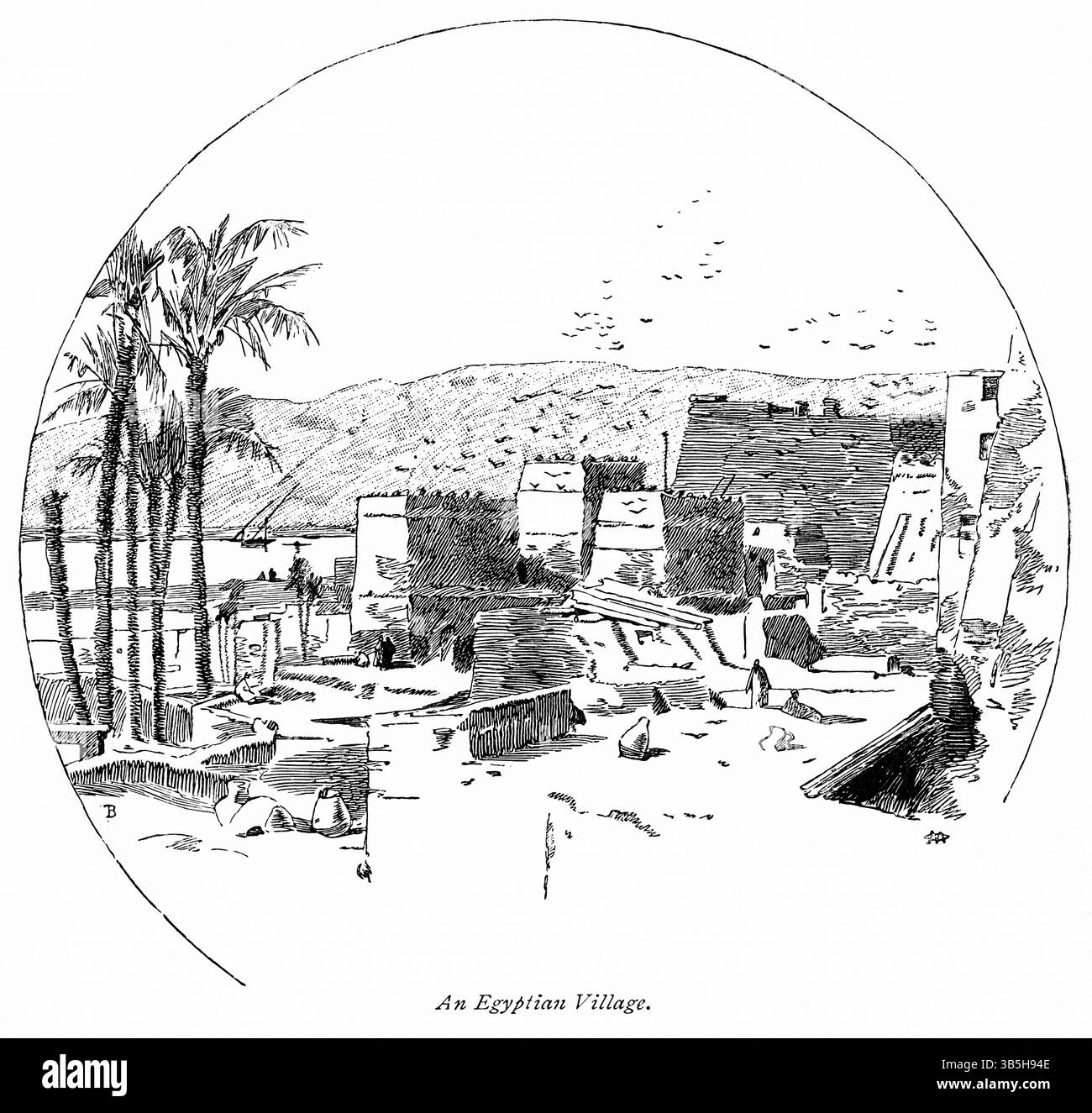 8. Januar 2019, London, England, Vereinigtes Königreich: Ägyptisches Dorf am Nil zwischen Assuan und Luxor, Illustration aus dem Buch, ''von Pharao zu Fellah'' von C.F. Moberly Bell mit Illustrationen von Georges Montbard, graviert von Charles Barbant, Wells Gardner, Darton & Co., London, 1888 (Bild: © JT Vintage/Glasshouse Via ZUMA Press Wire) Stockfoto