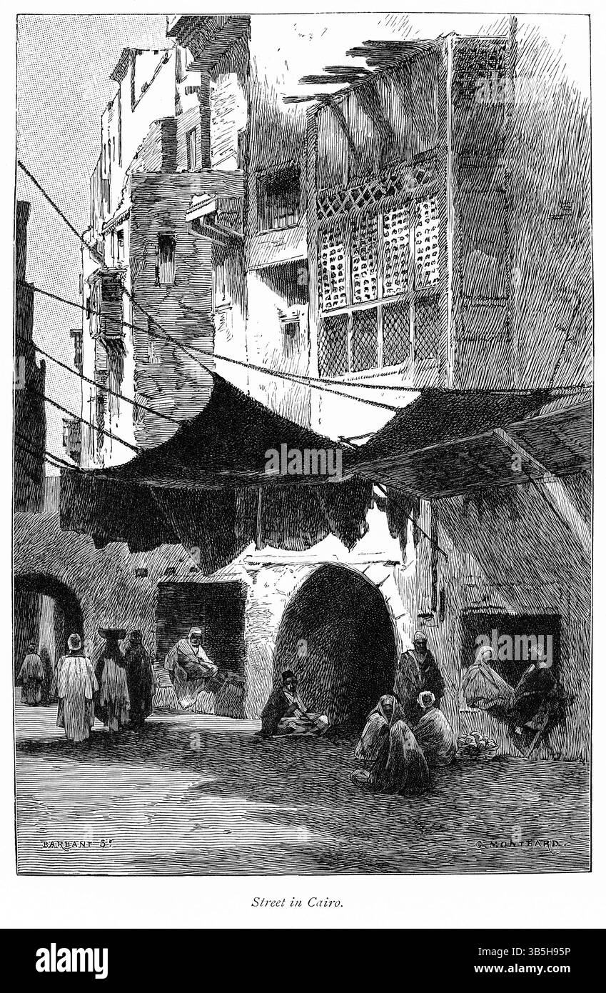 Januar 2019, London, England, Vereinigtes Königreich: Straßenszene, Kairo, Ägypten, Illustration aus dem Buch, ''vom Pharao zu Fellah'' von C.F. Moberly Bell mit Illustrationen von Georges Montbard, graviert von Charles Barbant, Wells Gardner, Darton & Co., London, 1888 (Bild: © JT Vintage/Glasshouse Via ZUMA Press Wire) Stockfoto