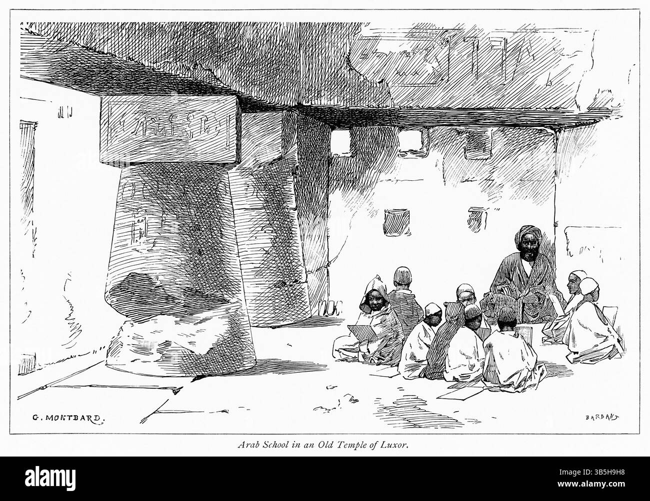 14. April 2022, London, England, UK: Arab School in an Old Temple of Luxor, Illustration from the Book, ''From Pharao to Fellah'' von C.F. Moberly Bell mit Illustrationen von Georges Montbard, graviert von Charles Barbant, Wells Gardner, Darton, & Co., London, 1888 (Bild: © JT Vintage/Glasshouse Via ZUMA Press Wire) Stockfoto