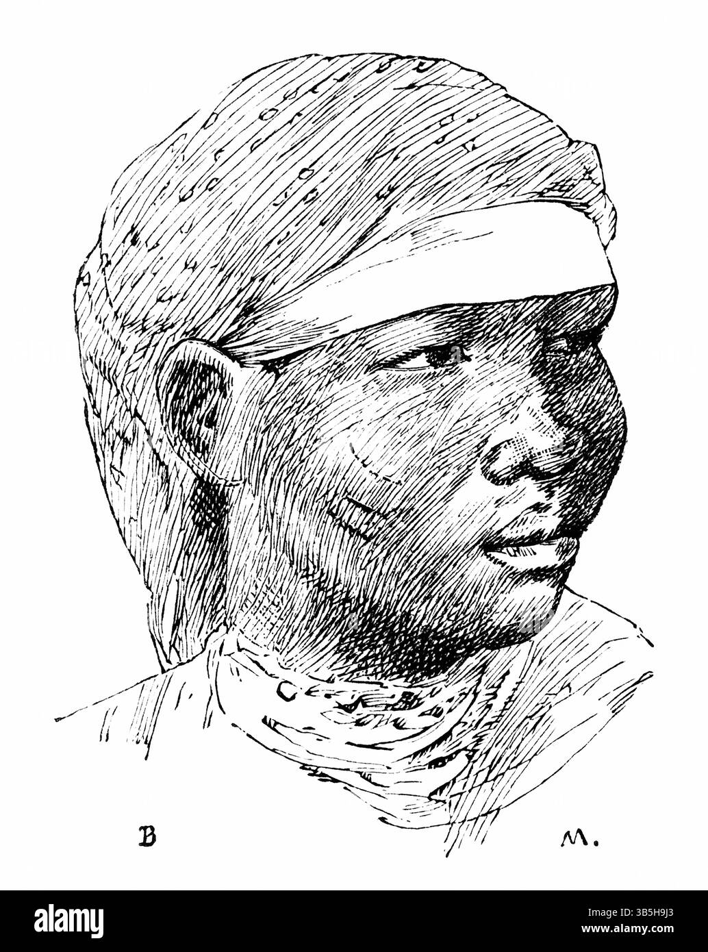 15. April 2022, London, England, Vereinigtes Königreich: Kopf und Schulter Portrait of Egyptian Deckhand on Nile Steamer, Illustration from the Book, ''From Pharaoh to Fellah'' von C.F. Moberly Bell mit Illustrationen von Georges Montbard, graviert von Charles Barbant, Wells Gardner, Darton & Co., London, 1888 (Bild: © JT Vintage/Glasshouse Via ZUMA Press Wire) Stockfoto