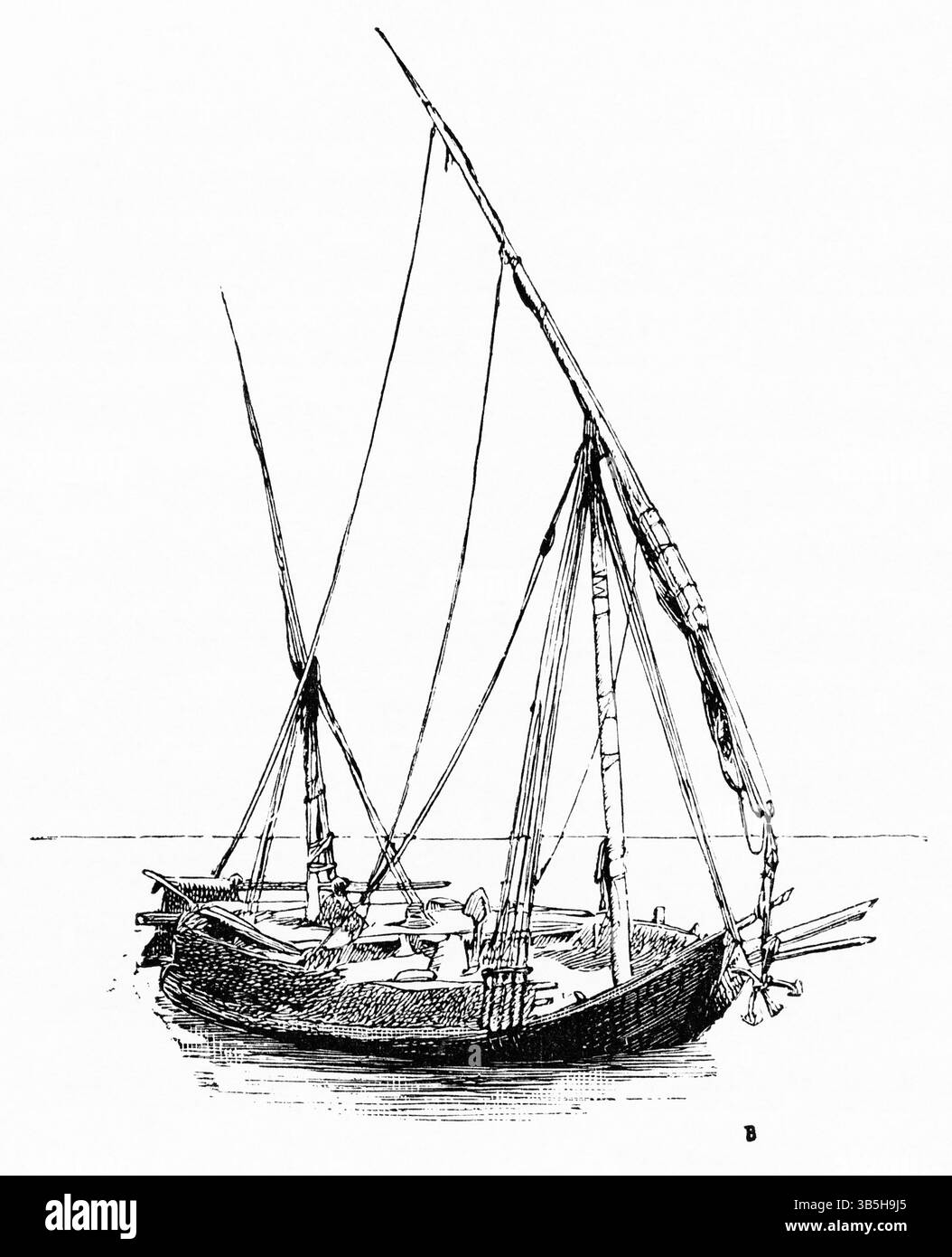 15. April 2022, London, England, Vereinigtes Königreich: Nilsegelboot bei Asyut, Illustration aus dem Buch, ''From Pharaoh to Fellah'' von C.F. Moberly Bell mit Illustrationen von Georges Montbard, graviert von Charles Barbant, Wells Gardner, Darton, & Co., London, 1888 (Bild: © JT Vintage/Glasshouse Via ZUMA Press Wire) Stockfoto