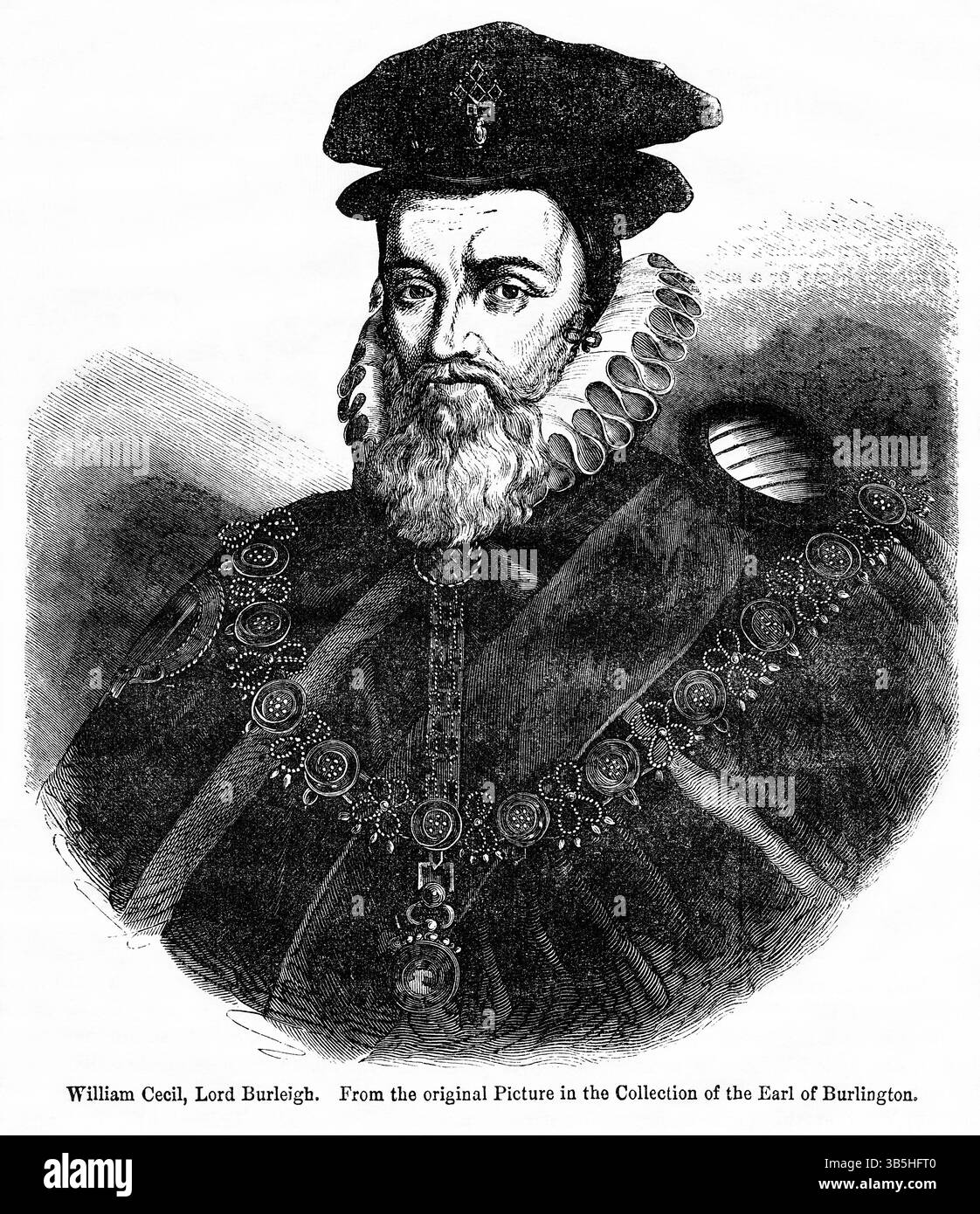 Mai 2022, London, England, Vereinigtes Königreich: William Cecil, Lord Burleigh, aus dem Originalbild in der Sammlung des Earl of Burlington, Illustration aus dem Buch, ''John Casselâ€™s Illustrated History of England, Band II'', Text von William Howitt, Cassell, Petter und Galpin, London, 1858 (Bild: © JT Vintage/Glasshouse Via ZUMA Press Wire) Stockfoto