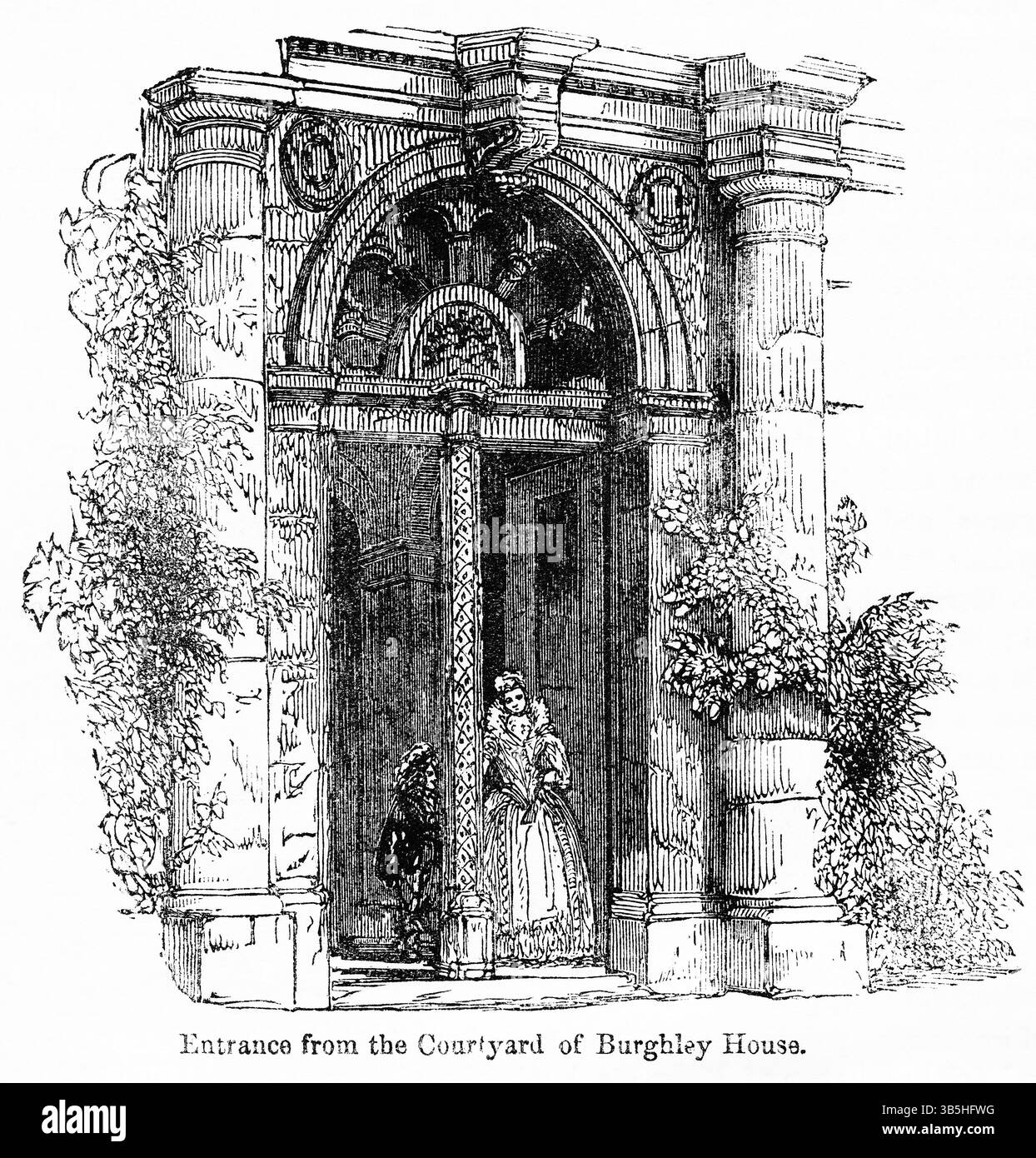 Mai 2022, London, England, UK: Courtyard of Burghtly (Burghley), House, Illustration from the Book, John Casselâ€™s Illustrated History of England, Volume II, Text von William Howitt, Cassell, Petter und Galpin, London, 1858 (Bild: © JT Vintage/Glasshouse Via ZUMA Press Wire) Stockfoto