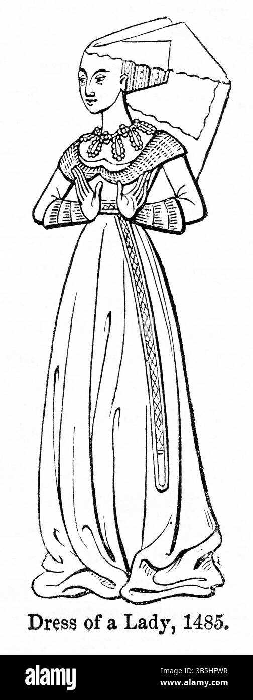 2. Mai 2022, London, England, UK: Dress of Lady, 1485, Illustration aus dem Buch, ''John Casselâ€™s Illustrated History of England, Volume II'', Text von William Howitt, Cassell, Petter und Galpin, London, 1858 (Bild: © JT Vintage/Glasshouse Via ZUMA Press Wire) Stockfoto