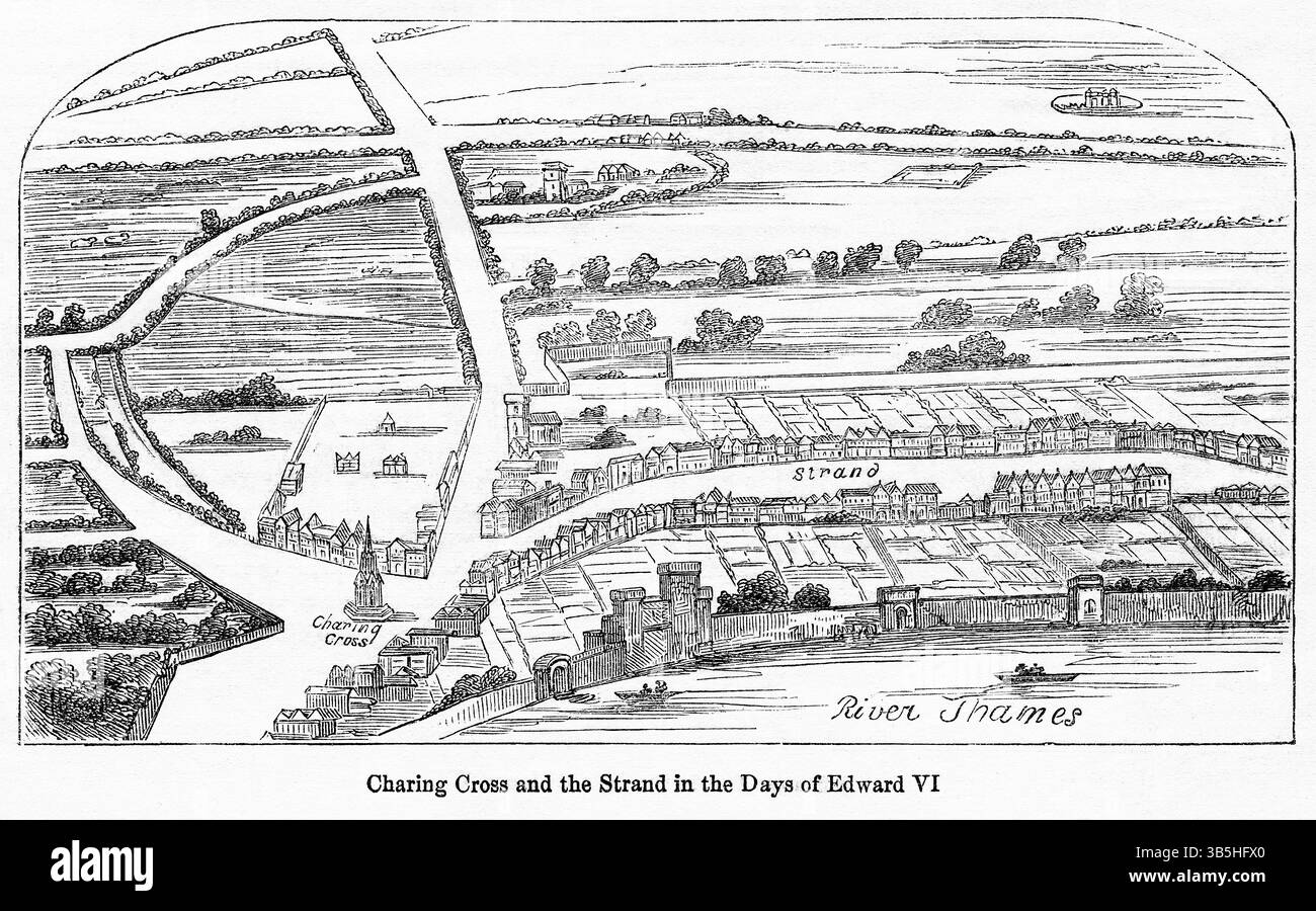 2. Mai 2022, London, England, UK: Charing Cross and Strand, Time of Edward VI, Illustration from the Book, John Casselâ€™s Illustrated History of England, Volume II, Text von William Howitt, Cassell, Petter und Galpin, London, 1858 (Bild: © JT Vintage/Glasshouse Via ZUMA Press Wire) Stockfoto