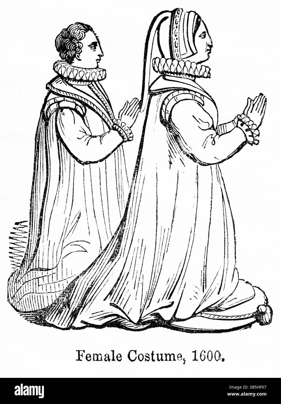 2. Mai 2022, London, England, Vereinigtes Königreich: Frauenkostüm, 1600, Illustration aus dem Buch, „John Casselâ€™s Illustrated History of England, Band II“, Text von William Howitt, Cassell, Petter und Galpin, London, 1858 (Bild: © JT Vintage/Glasshouse Via ZUMA Press Wire) Stockfoto