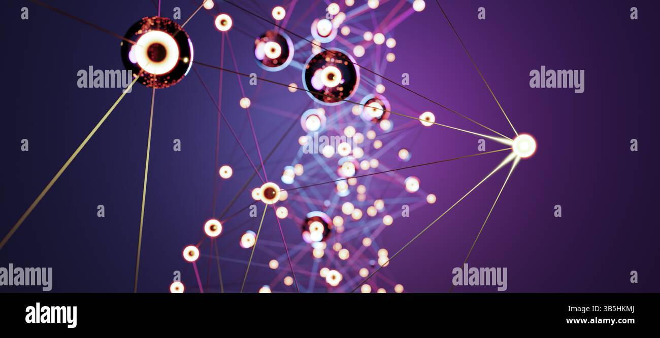 Dynamisches blaues geometrisches Netzwerk, abstrakte Darstellung von digitaler Konnektivität, Kommunikation und technologischem Web mit beweglichen Linien und Punkten Stockfoto