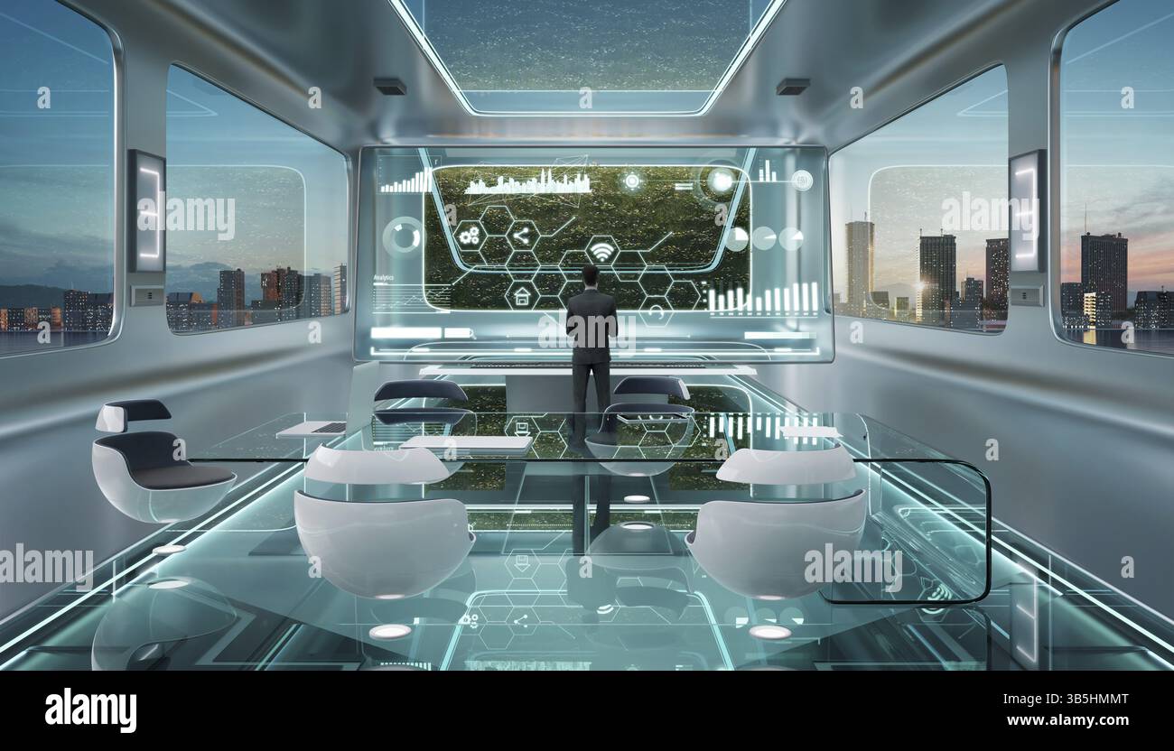 Erfolgreiche kluge Geschäftsleute arbeiten in einem modernen futuristischen Büro. 3D Rendern Stockfoto