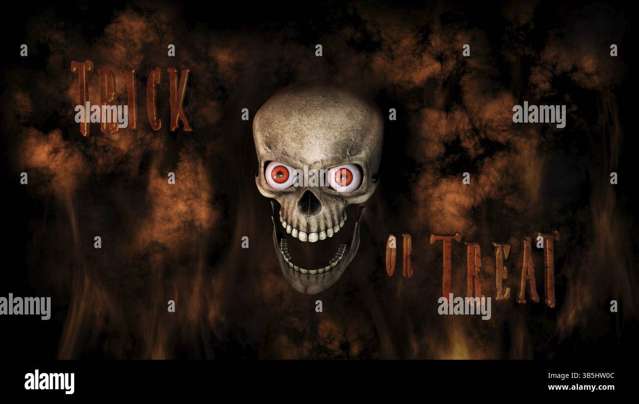 Menschlicher Schädel mit Augen und unheimlich, böse Blick Halloween Konzept 3D-Rendering Stockfoto