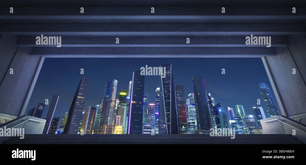 Ausgang der U-Bahn-Station mit modernem Blick auf die Stadt bei Nacht. 3D Rendern Stockfoto