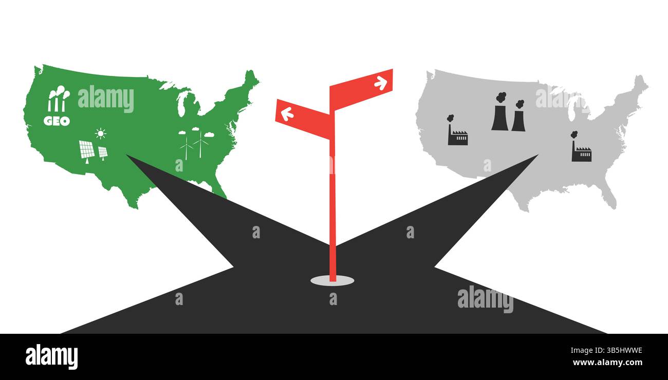 Eine Straße teilt sich in zwei US-Karten: Eine grüne mit Symbolen für erneuerbare Energien, die andere graue mit umweltschädlichen Fabriken. Ein roter Wegweiser markiert die Umgebung Stock Vektor