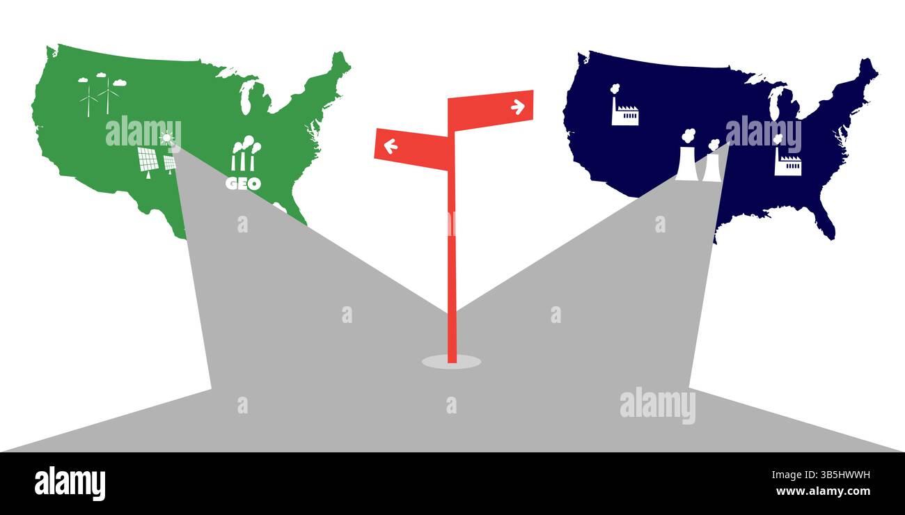 Eine Straße teilt sich in zwei US-Karten: Eine grüne mit Symbolen für erneuerbare Energien, die andere graue mit umweltschädlichen Fabriken. Ein roter Wegweiser markiert die Umgebung Stock Vektor