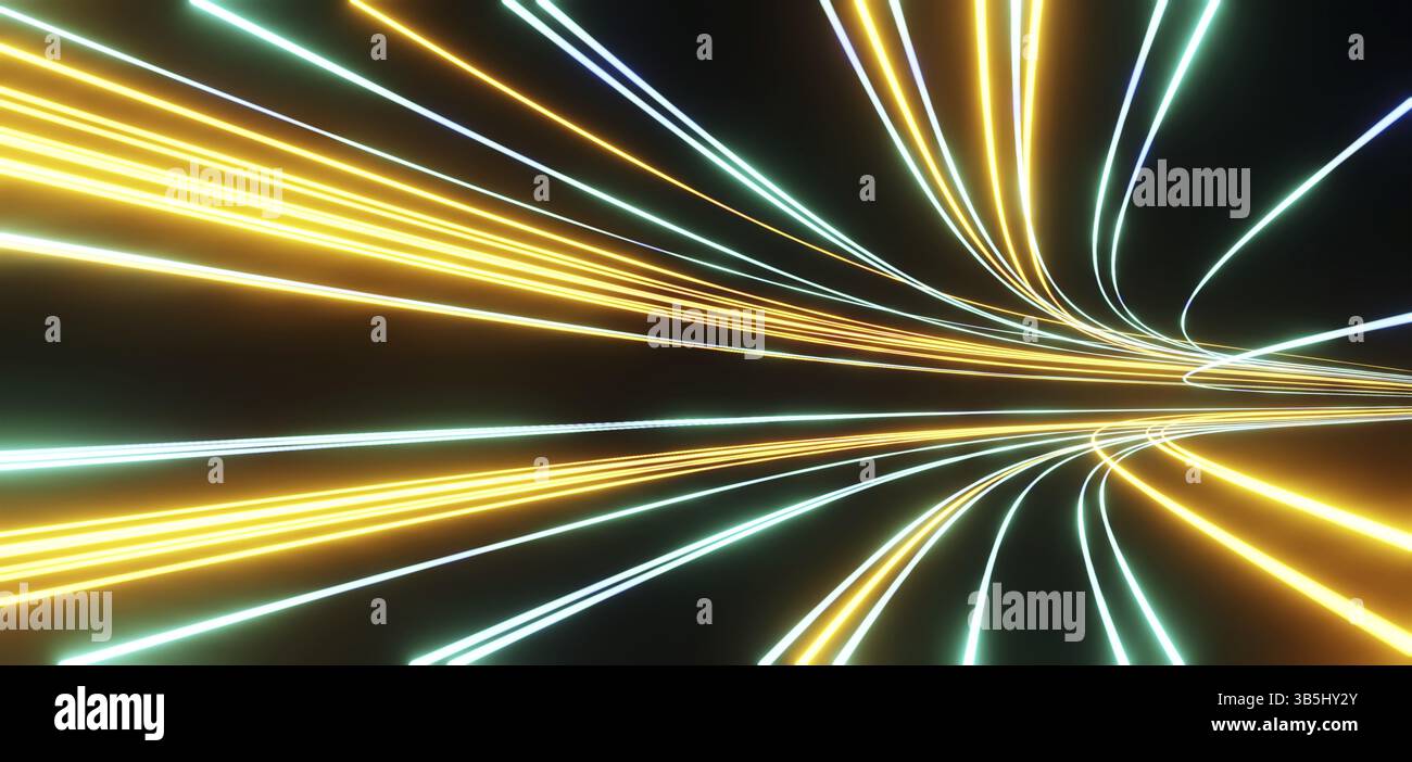 Dunkler Hintergrund mit bunten Linien, Kurvenverlauf von Geschwindigkeitslichtern, futuristisch-flotten Grafikelementen. 3D Rendern Stockfoto