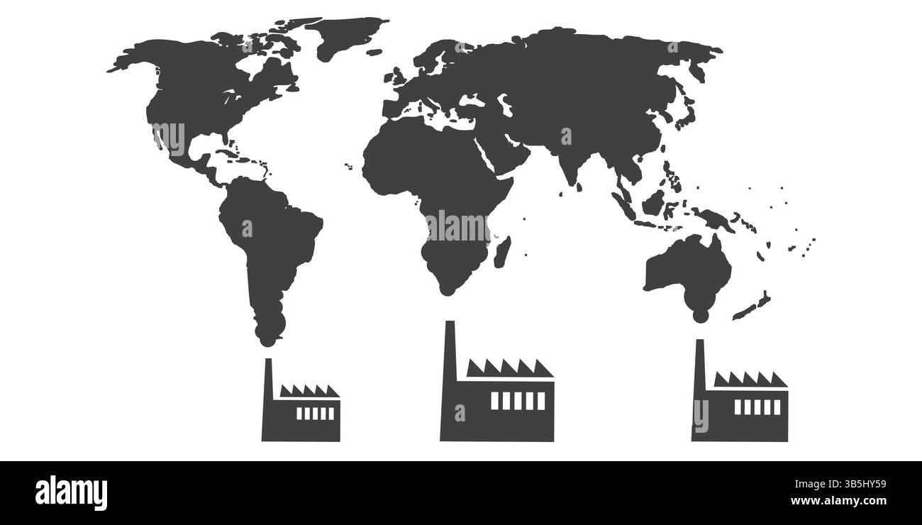 Stilisierte Fabriken stoßen dicken schwarzen Rauch aus ihren Schornsteinen aus, der sich in eine Weltkartenform verwandelt. Die Kontinente tauchen aus dem Rauch auf, Symbol Stock Vektor