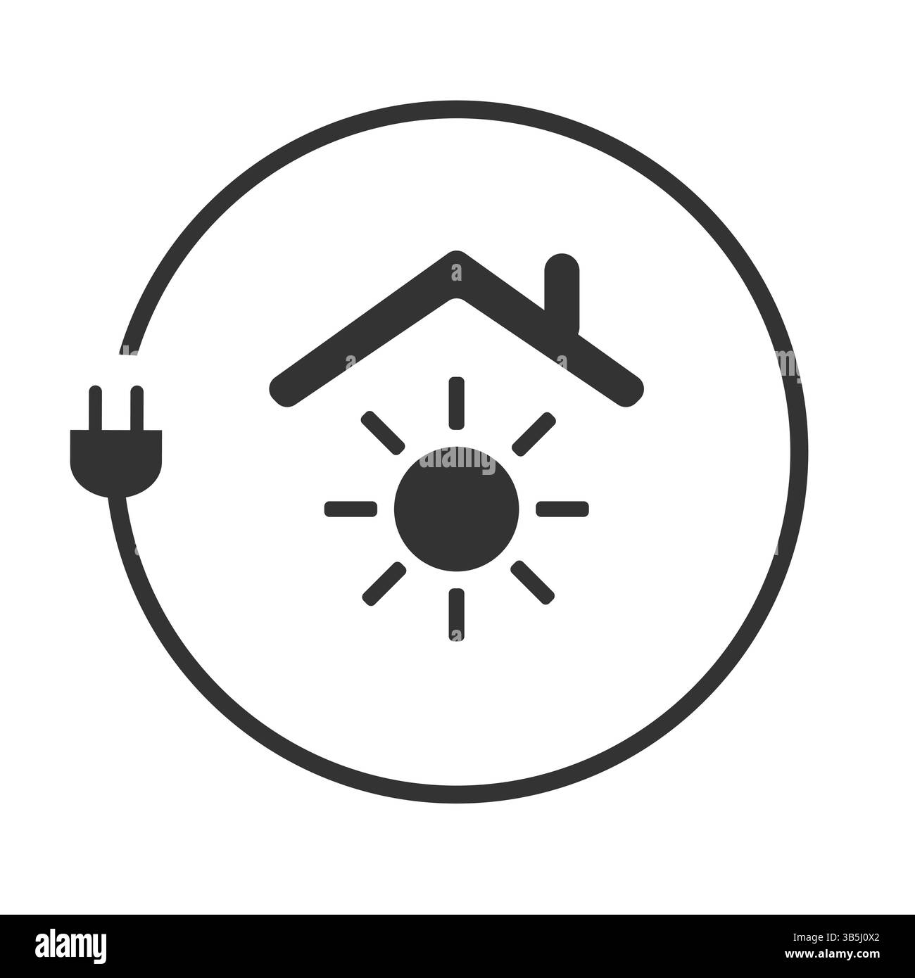 Schwarzweiß Erneuerbare Energien, solarbetriebenes Smart Home Design - Konzept mit Elektrokabel und Sonne in einem Haus Symbol auf weißem Hintergrund - CRE Stock Vektor