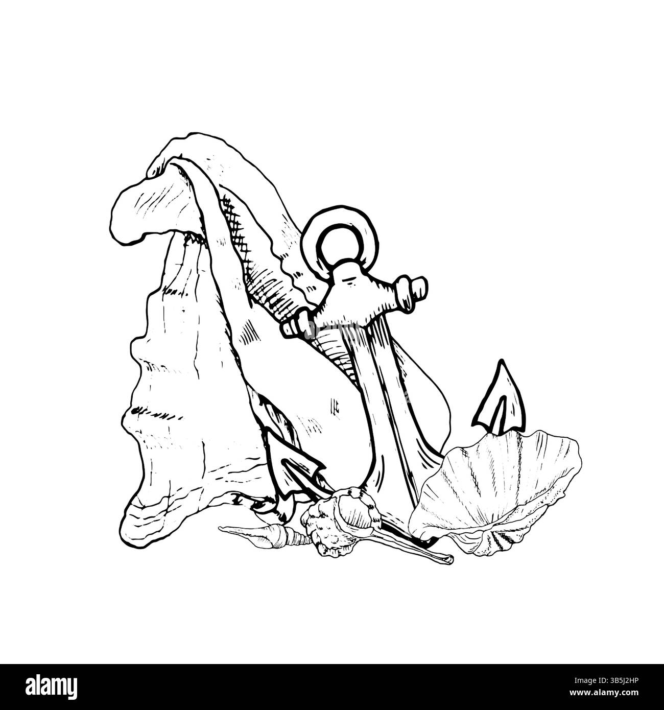 Ankerplatz neben einer großen Muschelschale und Perlenauster, schwarz-weiße Tinte Skizze. Illustration des Meeresvektors. Schalen von der Unterseite des Unters Stock Vektor