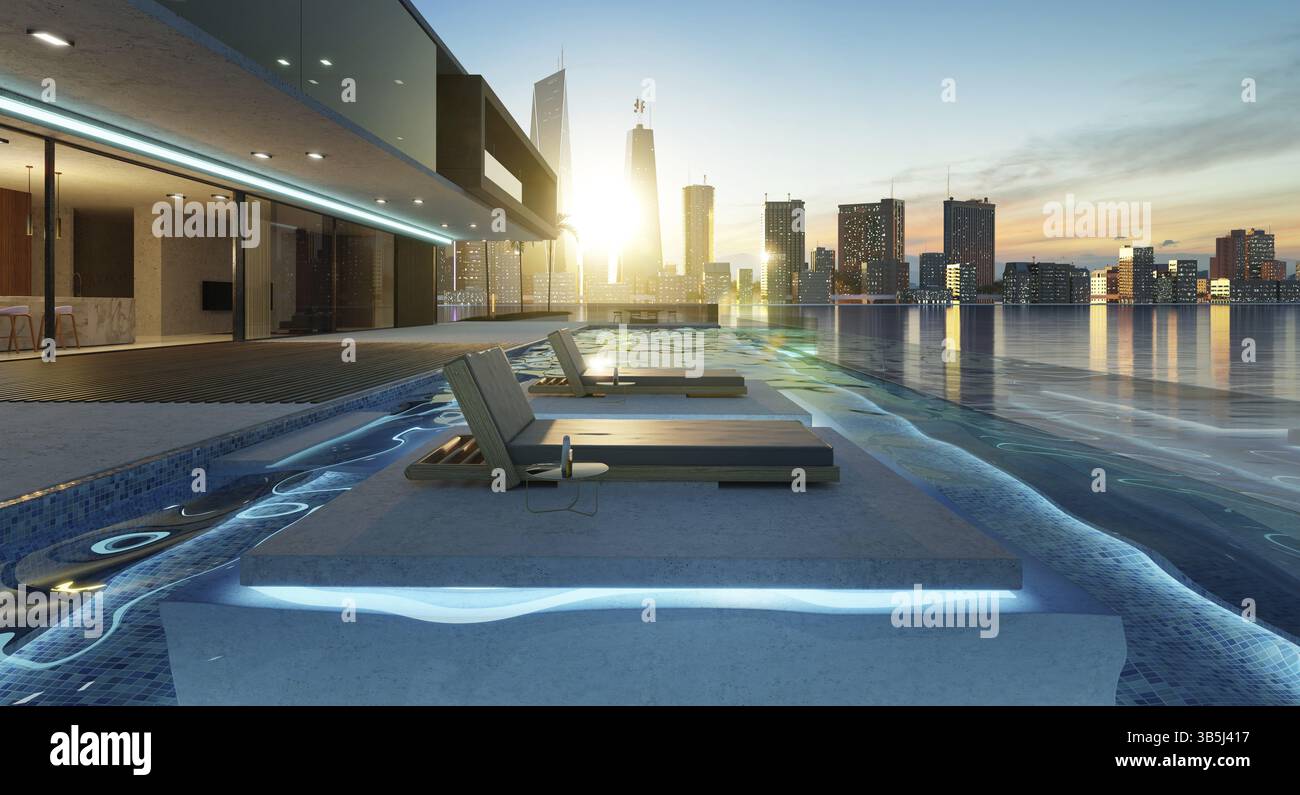Luxus-Villa-Außendesign mit herrlichem Sonnenuntergang Stadtbild am Unendlichen Pool. 3D Rendern Stockfoto