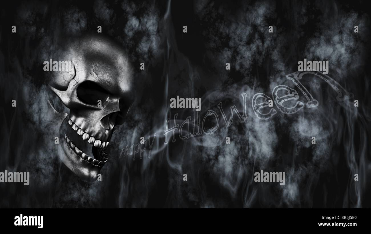 Happy Halloween. Menschliche Schädel mit Rauch und Feuer 3D-Rendering Stockfoto