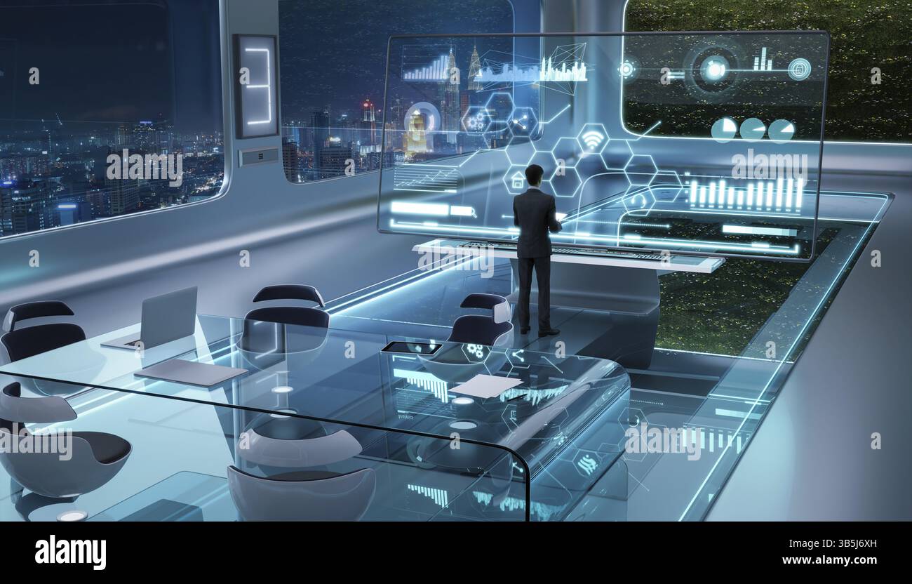 Erfolgreiche kluge Geschäftsleute arbeiten in einem modernen futuristischen Büro. 3D Rendern Stockfoto