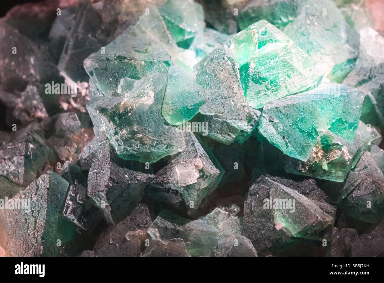 Ein faszinierender Cluster grüner Fluoritkristalle – die Geometrie der Natur in reiner Form. Stockfoto