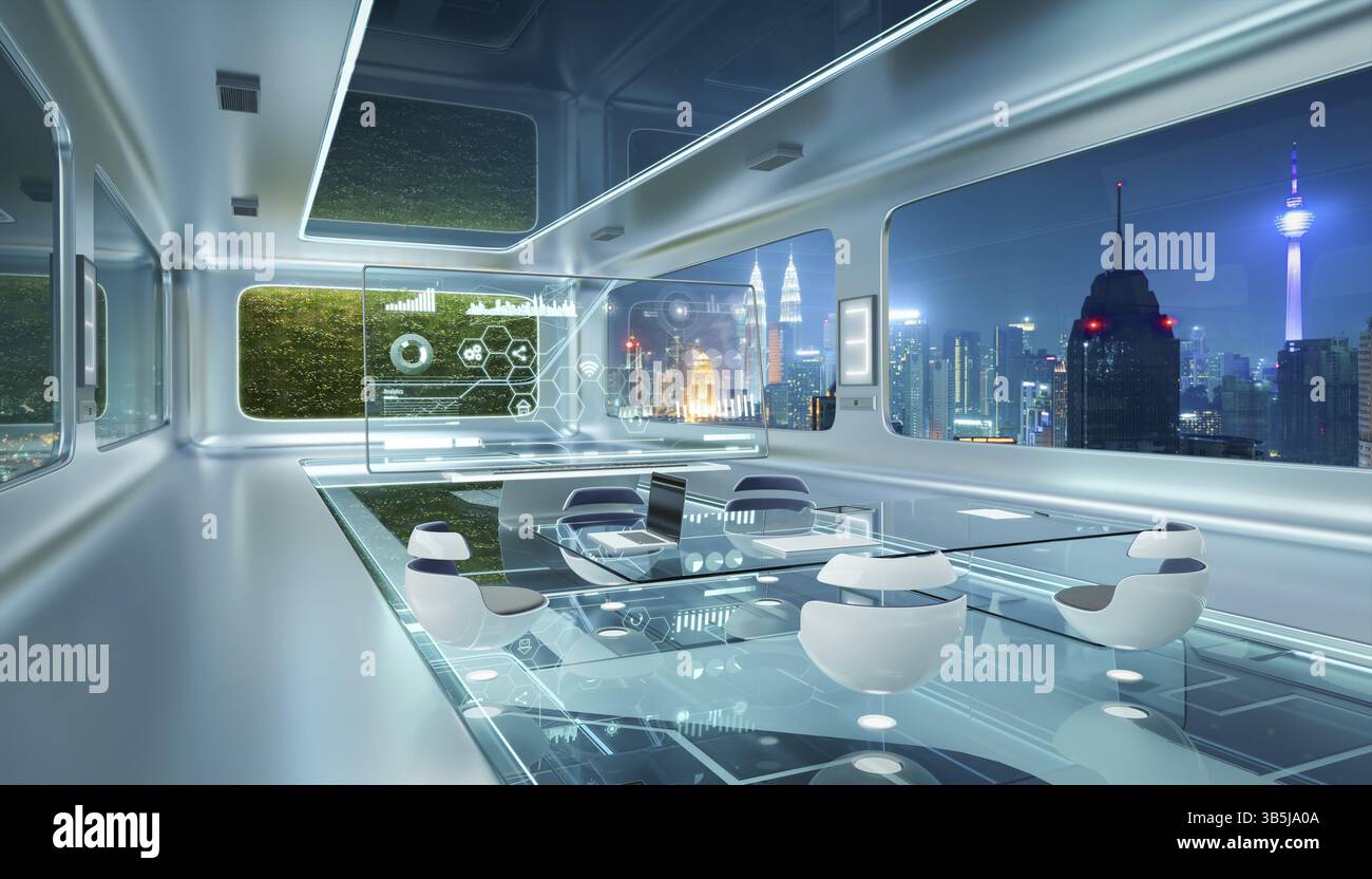 Futuristisches Bürodesign mit grüner Wandpflanze und wunderschönem Blick auf die Stadt in der Nachtszene. 3D Rendern Stockfoto