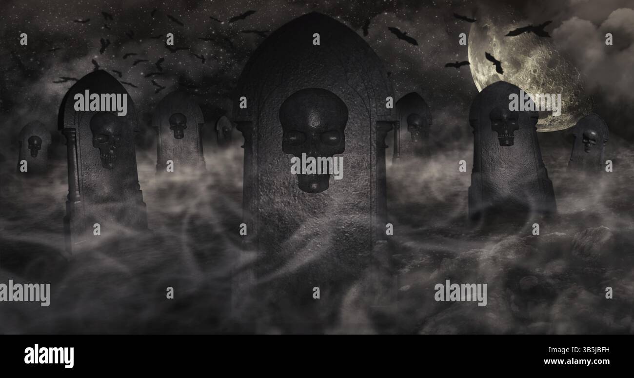 Friedhof bei Nacht mit Grabsteine mit Schädeln und bewölkter Himmel voller Sterne im Hintergrund. Halloween Konzept 3D-Bild Stockfoto