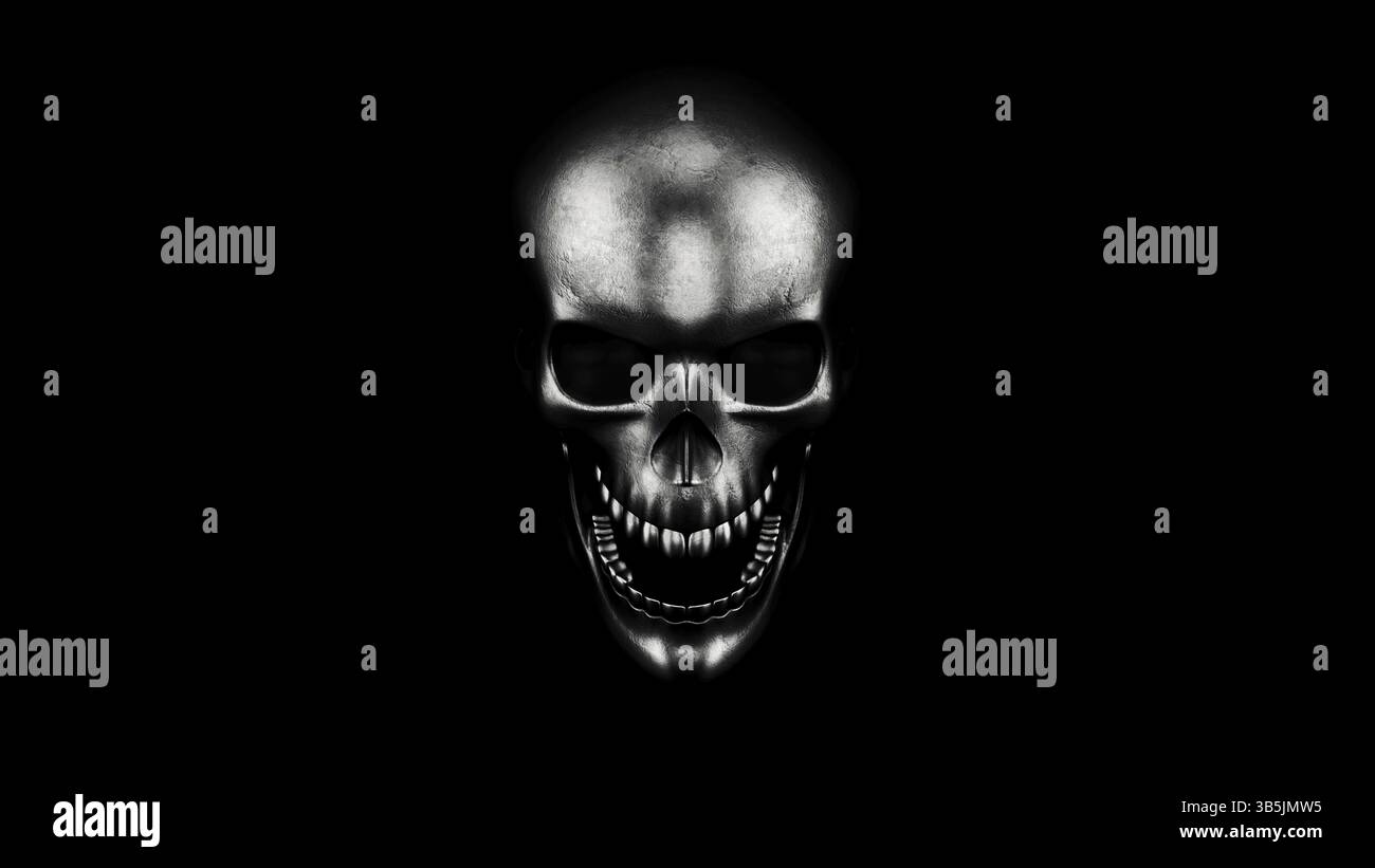 Menschlicher Schädel auf schwarzen Hintergrund, 3D-Rendering. Halloween Konzept Stockfoto