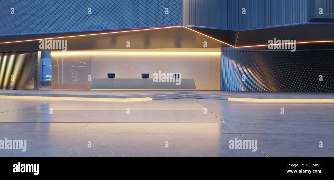 Leerer Boden vor modernen Gebäuden. Fotorealistisches 3D-Rendering Stockfoto