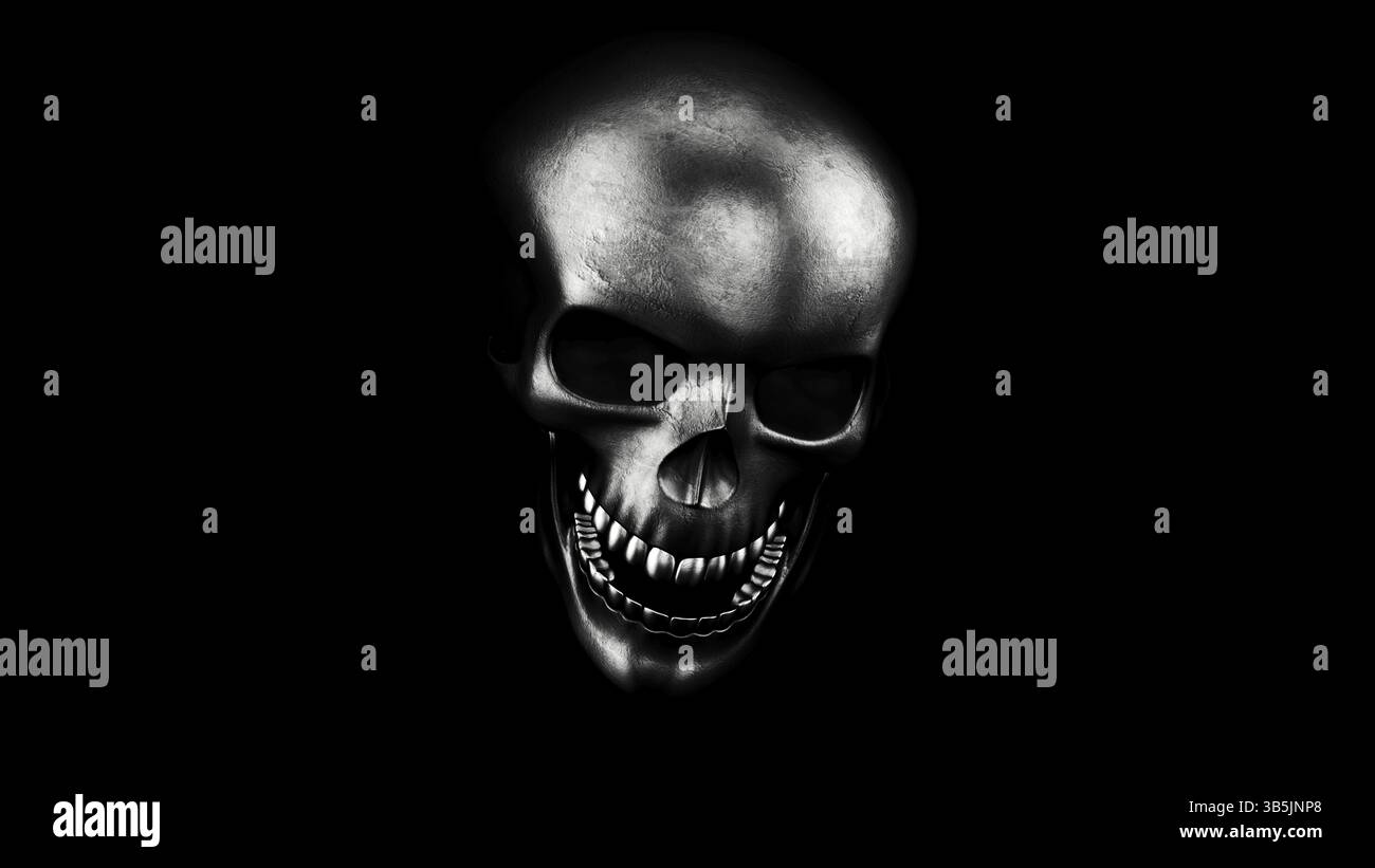 Menschlicher Schädel auf schwarzen Hintergrund, 3D-Rendering. Halloween Konzept Stockfoto