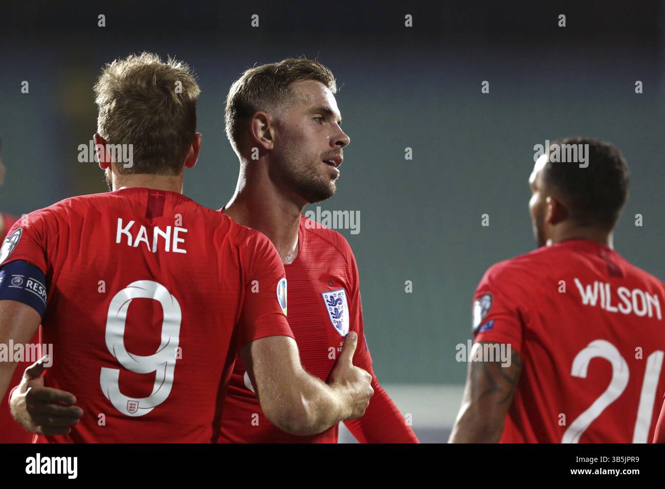 Sofia, Bulgarien - 14. Oktober 2019: England feiert ihr 6. Ziel gegen Bulgarien zählen während Bulgarien vs England match Teil 2020 E Stockfoto