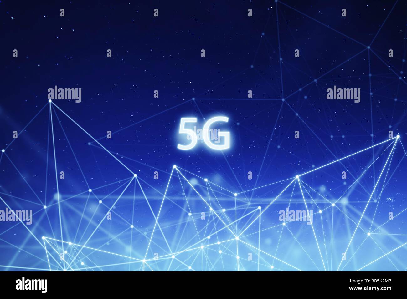 5G Netzwerk Wireless-Systeme und Internet von Dingen mit abstrakten verknuepften Punkten drahtloses Kommunikationsnetzwerk auf dem Weltraum Hintergrund Stockfoto