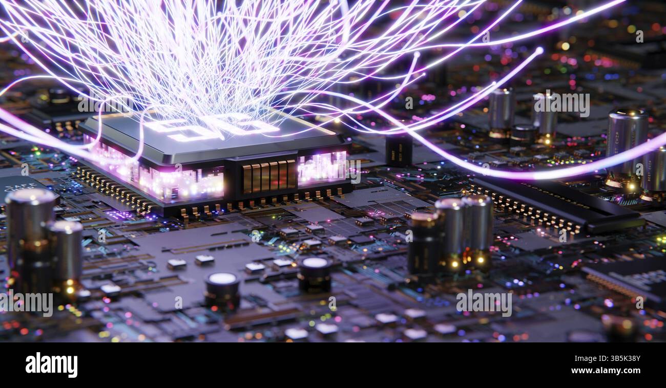 Leiterplatte mit intelligenter Technologie mit 5G und ästhetischem, kompliziertem Wellenliniendesign, Konzept der Big-Data-Verbindungstechnologie. 3D-Rendering Stockfoto