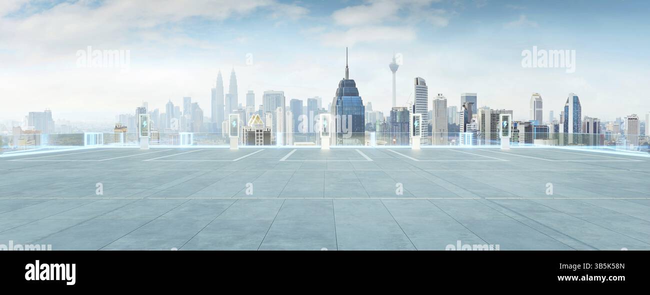 Ein leerer Parkplatz auf dem Dach, ausgestattet mit EV-Ladegeräten, bietet einen atemberaubenden Blick auf die Skyline von kuala lumpur und fördert so einen nachhaltigen Transport. 3D-Renderin Stockfoto