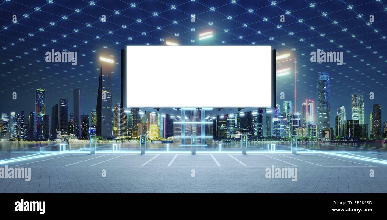 Leere Werbetafel in der Ladestation für Elektrofahrzeuge mit leuchtenden Linien und futuristischem Stadtbild bei Nacht. 3D-Rendering Stockfoto
