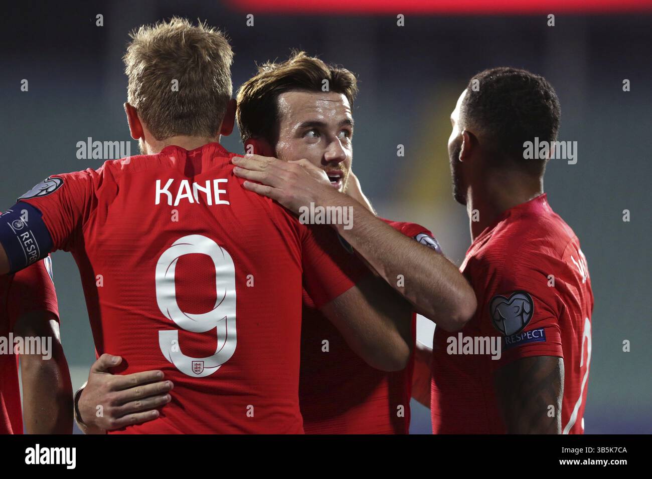 Sofia, Bulgarien - 14. Oktober 2019: England feiert ihr 6. Ziel gegen Bulgarien zählen während Bulgarien vs England match Teil 2020 E Stockfoto