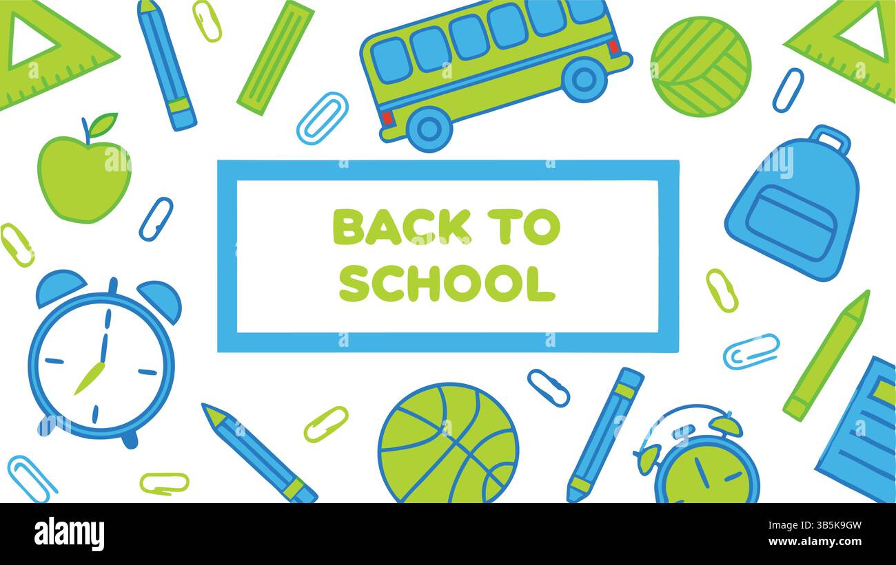 Back to School Supplies Bunte Illustration: Globus, Bus, Uhr, Bleistifte Stock Vektor