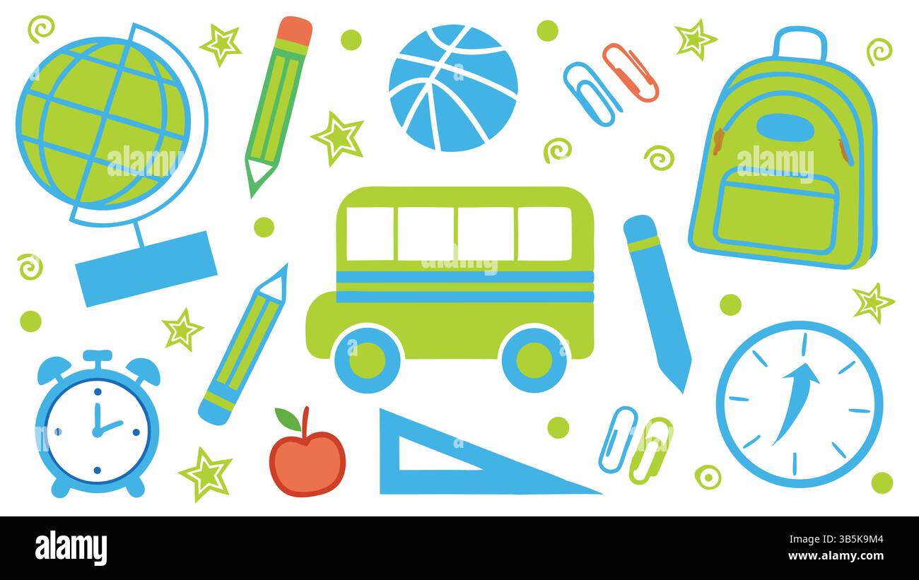 Back to School Supplies Bunte Illustration: Globus, Bus, Uhr, Bleistifte Stock Vektor