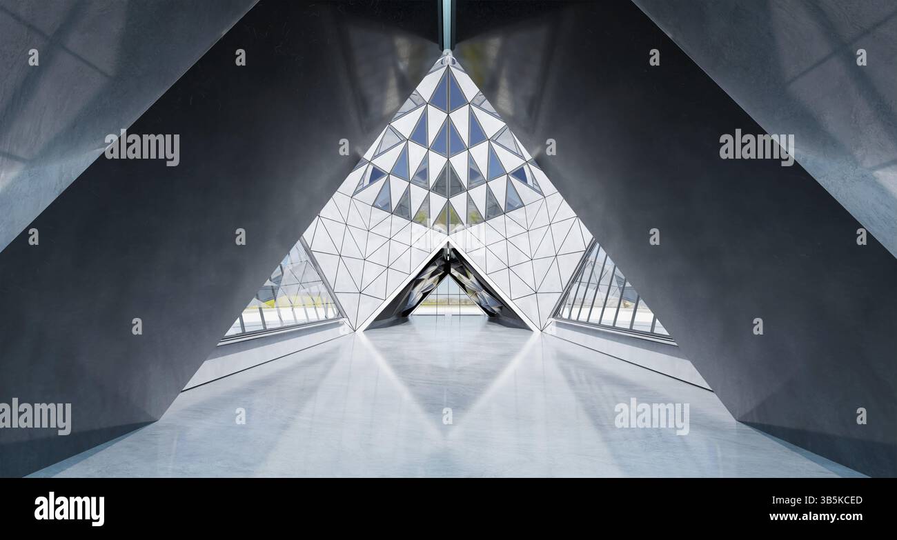 Zeitgenössisches Dreiecksdesign modernes Architekturgebäude mit Glas-, Beton- und Stahlelementen. 3D-Rendering Stockfoto