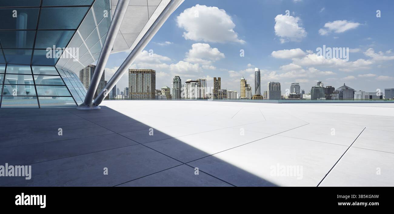 Leerer Betonboden mit polygonförmigem Design, modernes Außengebäude. 3D-Rendering Stockfoto