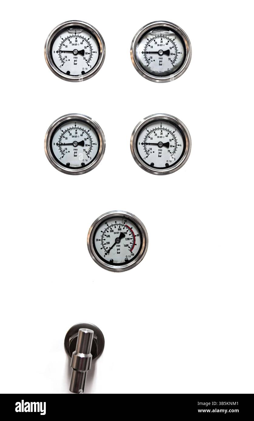 Weißes Bedienfeld mit industriellen Manometern, die den Druckpegel in bar anzeigen. Stockfoto