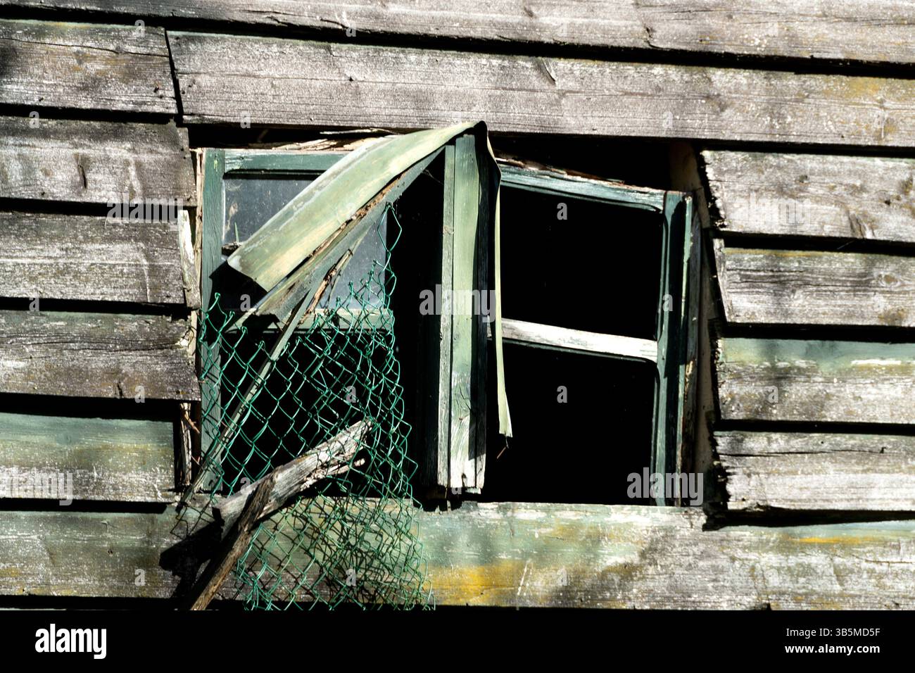 Ein verwittertes Holzhaus hat ein kaputtes Fenster mit einem zerrissenen Vorhang. Die Umgebung zeigt einen baufälligen Zaun Stockfoto