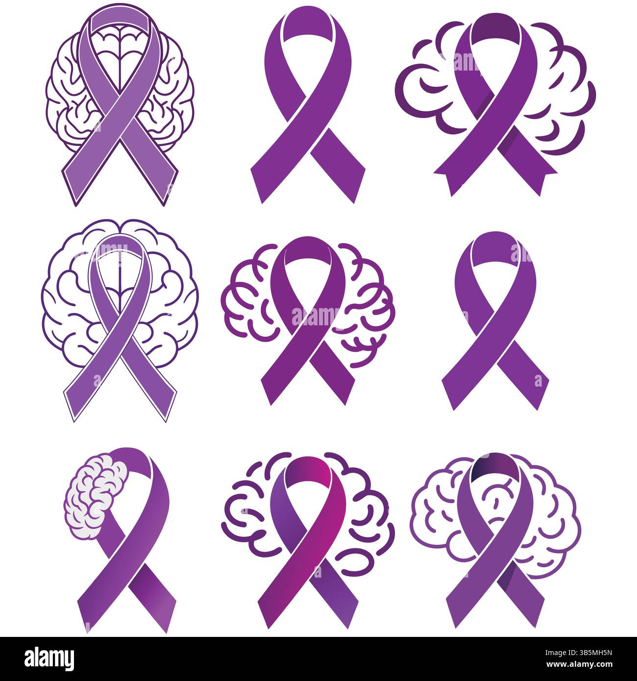 Violette Farbbänder mit Brain Logos für Halt Stock Vektor