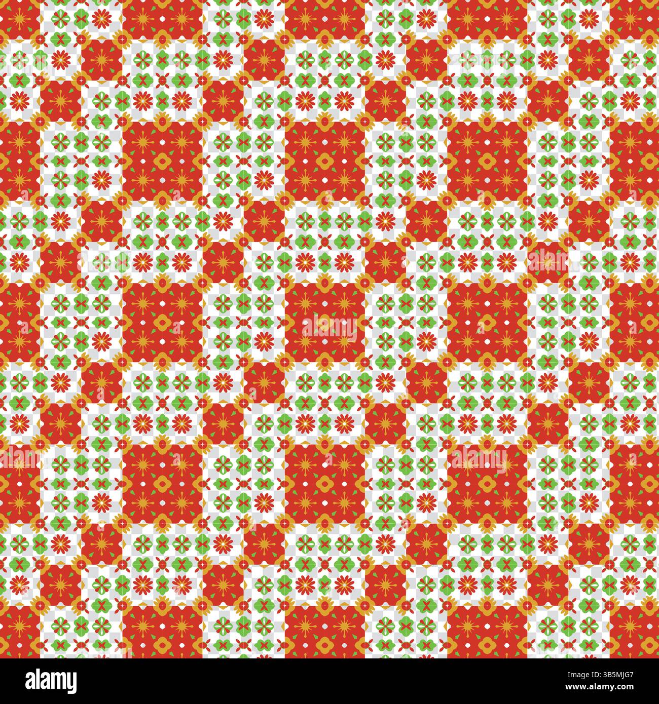 Lebendiges geometrisches Muster mit roten, orangefarbenen und grünen Blumen Stock Vektor