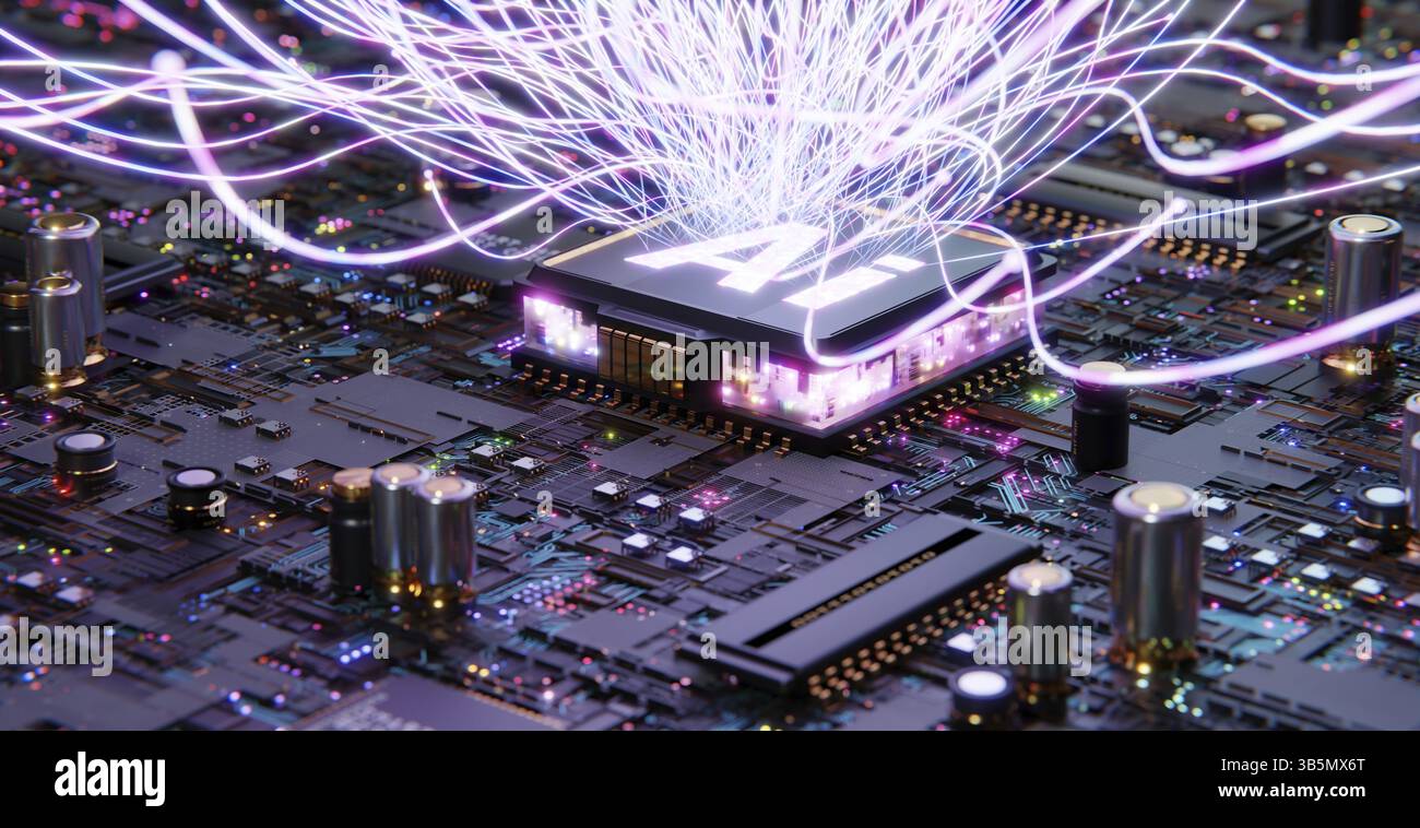 Leiterplatte mit intelligenter Technologie und Ai und ästhetischem, kompliziertem Wellenliniendesign, Konzept für Big-Data-Verbindungstechnologie. 3D-Rendering Stockfoto
