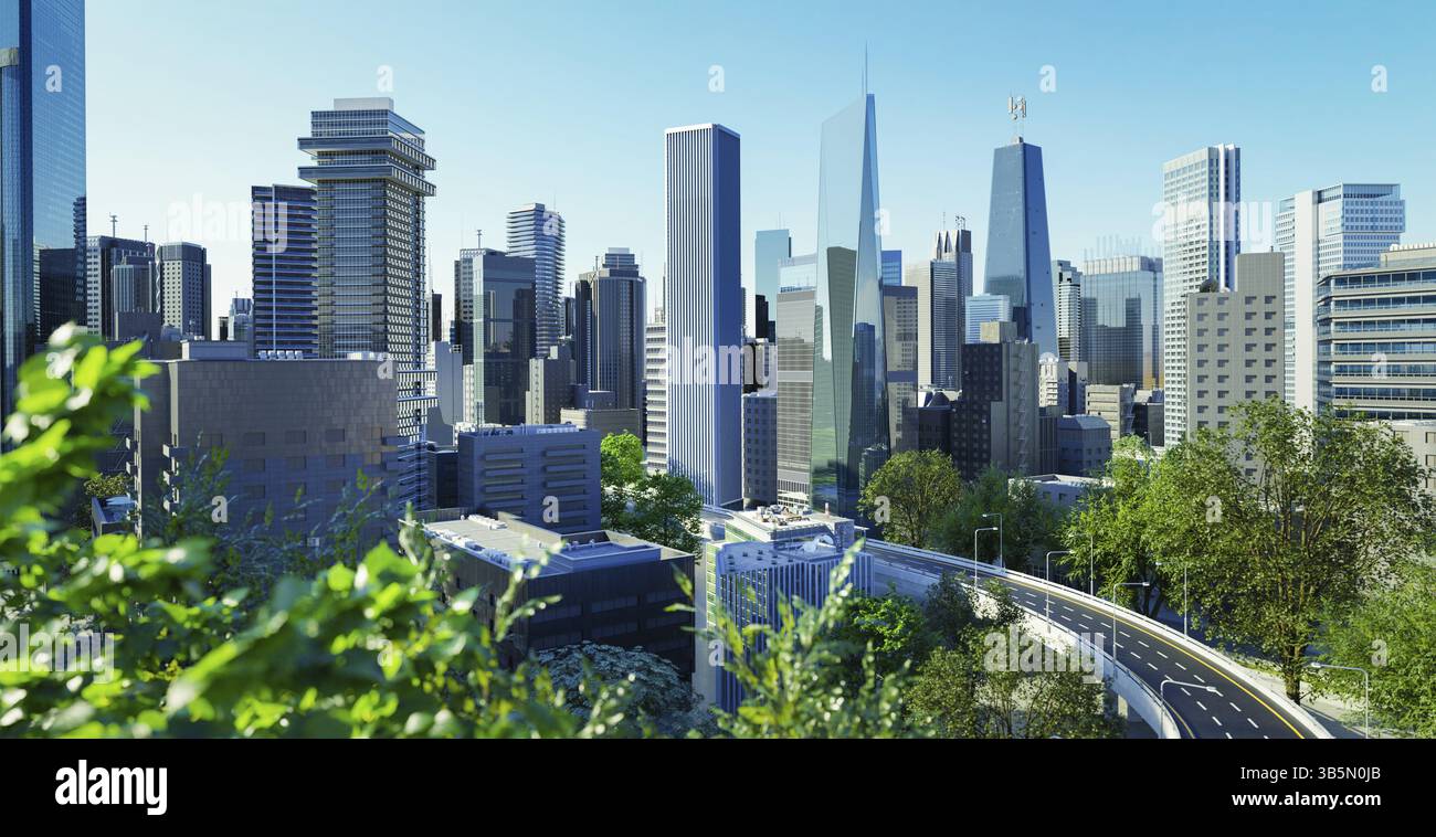 Virtuelles Design Moderne Skyline mit kurviger Autobahn-Straße bei schönem Blick tagsüber. 3D Rendern Stockfoto